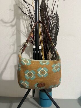 Fossil Women’s Tan Floral Canvas Shoulder Bag with Turquoise Accents